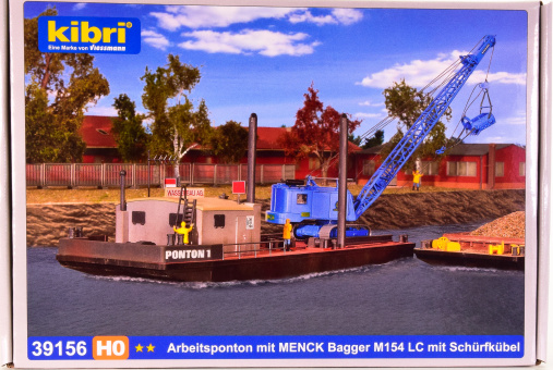 Kibri 39156 (H0) – Bausatz Arbeitsponton mit MENCK Bagger M154 LC mit Schürfkübel 
