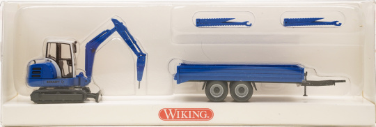 Wiking 658 40 36 – Mini-Bagger Schaeff mit Hydraulikhammer auf Tandemtrailer 